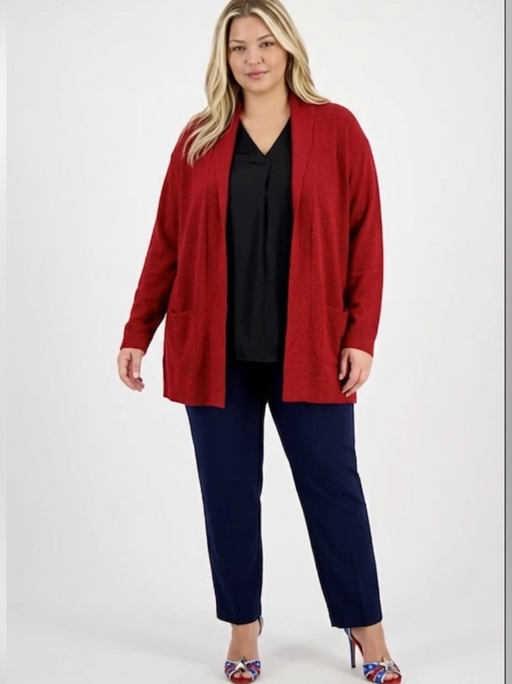 Dressbarn Woman Red Open Front Cardigan Sweater Pockets Plus Size 3X